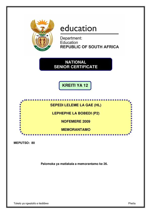 Grade 12 Sepedi past paper 2008 – Sepedi HL P2 memo