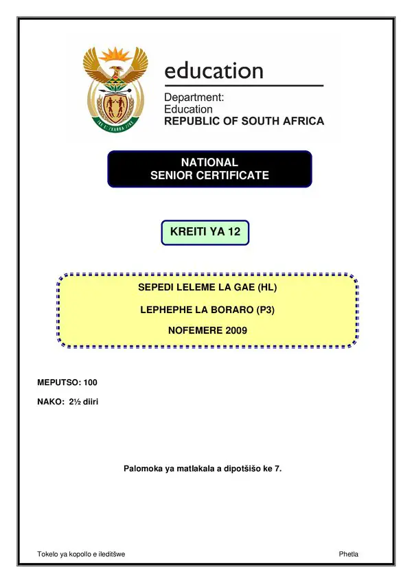 Grade 12 Sepedi past paper 2007 – Sepedi HL P3