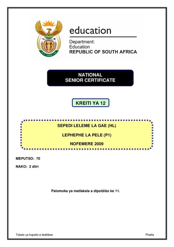 Grade 12 Sepedi past paper 2009 – Sepedi HL P1