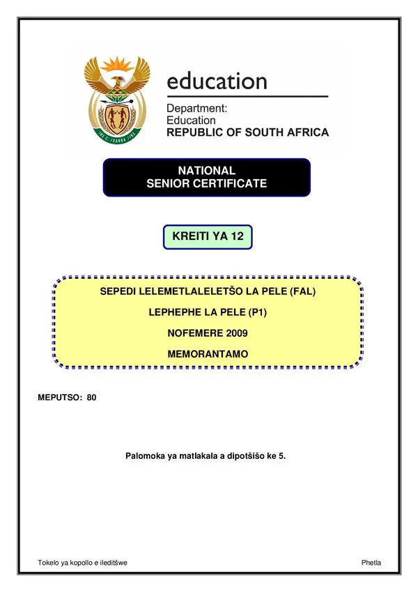 Grade 12 Sepedi past paper 2009 – Sepedi FAL P1 memo