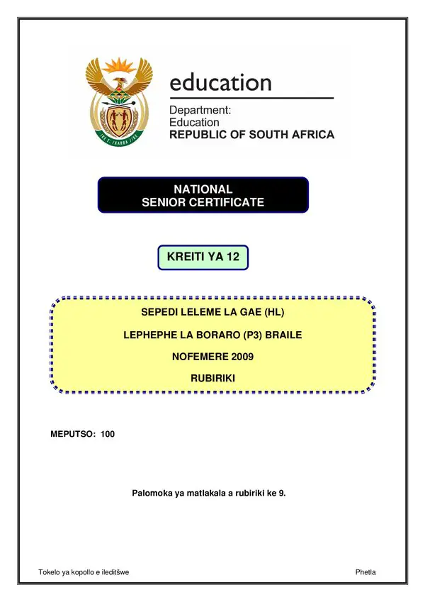 Grade 12 Sepedi past paper 2009 – Sepedi HL P3 Rubric