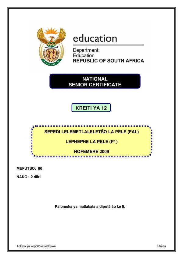 Grade 12 Sepedi past paper 2009 – Sepedi FAL P1
