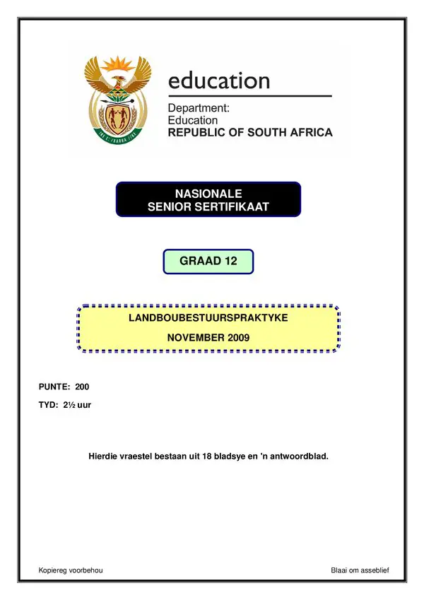 Grade 12 Afrikaans past paper 2009 – Agricultural Management Practices Paper 1 (Afrikaans)
