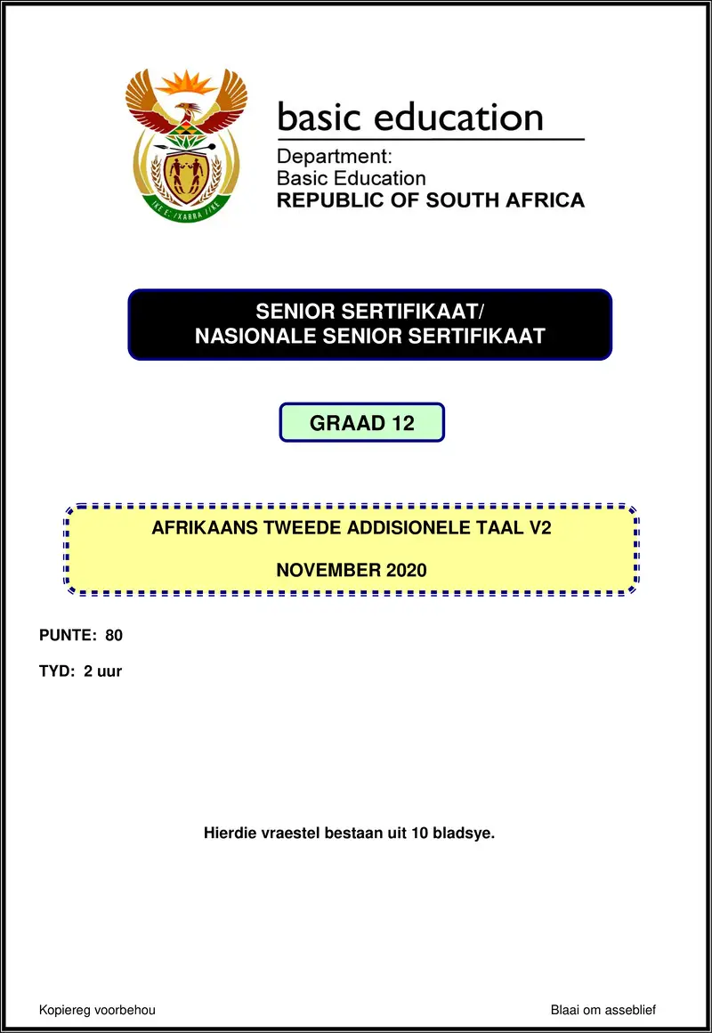 Grade 12 Afrikaans past paper 2020 – afrikaans sal p2 nov 2020 gr12