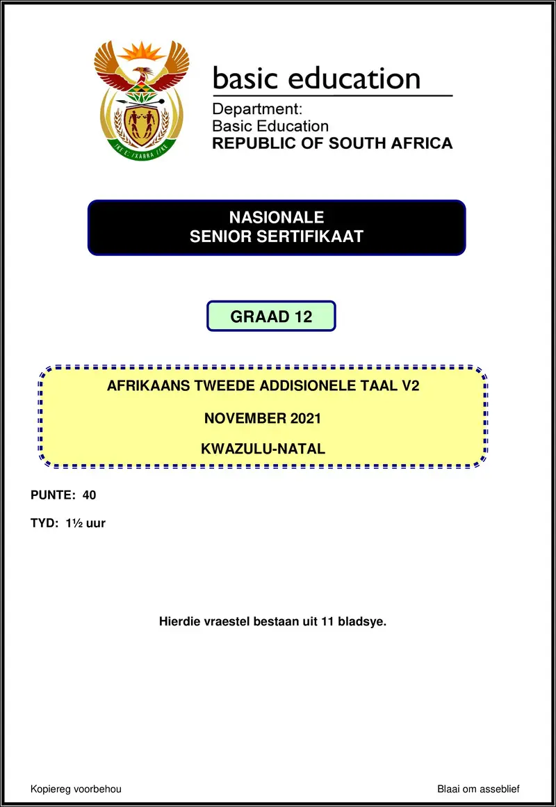 Grade 12 Afrikaans past paper 2021 – afrikaans sal p2 nov 2021 kwazulu natal gr12
