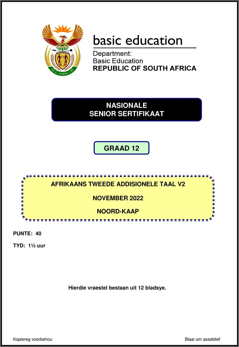 Grade 12 Afrikaans past paper 2022 – afrikaans sal p2 nov 2022 northern cape gr12