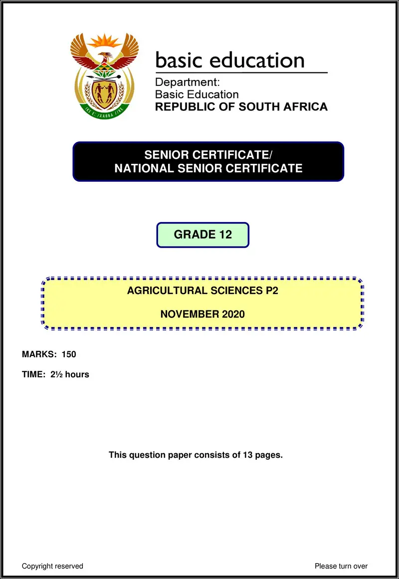 Grade 12 Agricultural Sciences past paper 2020 – agricultural sciences p2 nov 2020 eng gr12