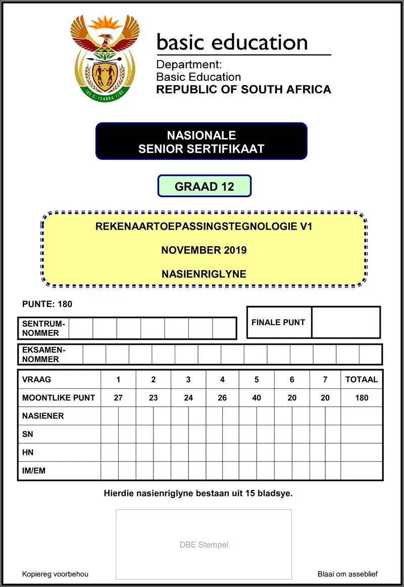 Grade 12 Rekenaartoepassingstegnologie past paper 2019 – computer application technology p1 nov 2019 memo afr gr12