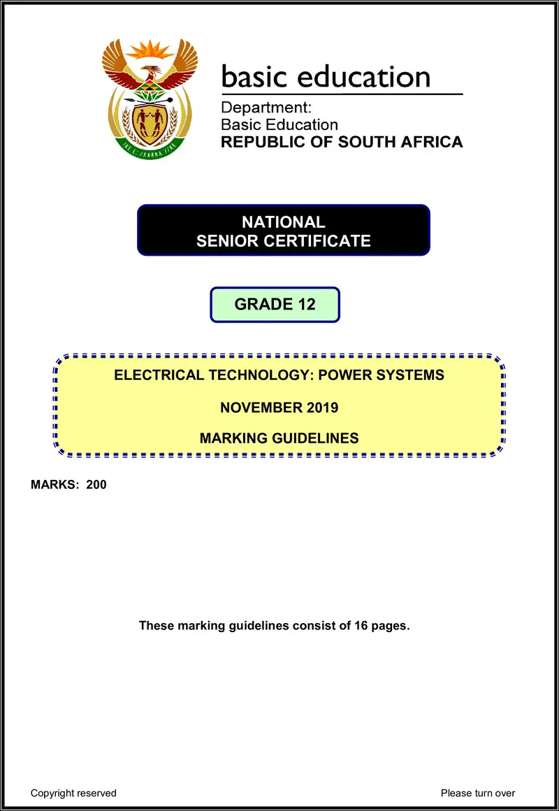 Grade 12 Electrical Technology past paper 2019 – electrical technology nov 2019 power system memo eng gr12