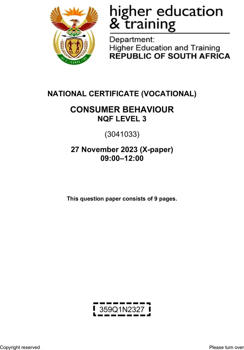 Consumer Behaviour L3 QP Nov 2023 Van Zyl E preview