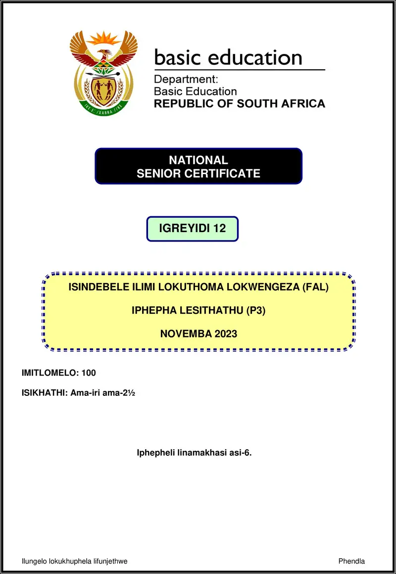 Grade 12 isiNdebele past paper 2023 – isindebele fal p3 nov 2023 gr12