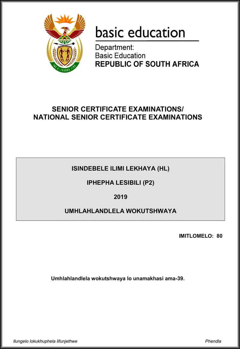 Grade 12 isiNdebele past paper 2019 – isindebele hl p2 may june 2019 memo gr12