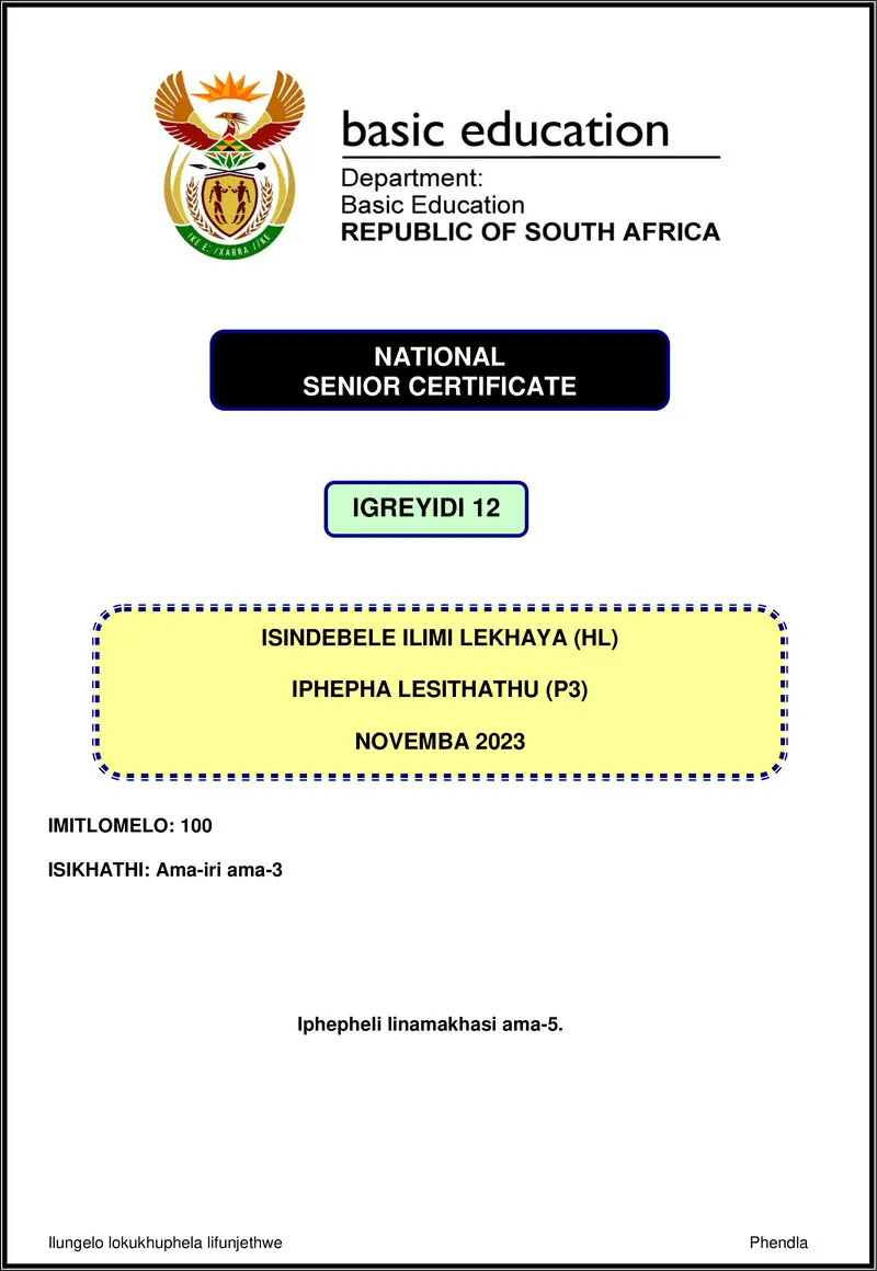 Grade 12 isiNdebele past paper 2023 – isindebele hl p3 nov 2023 gr12