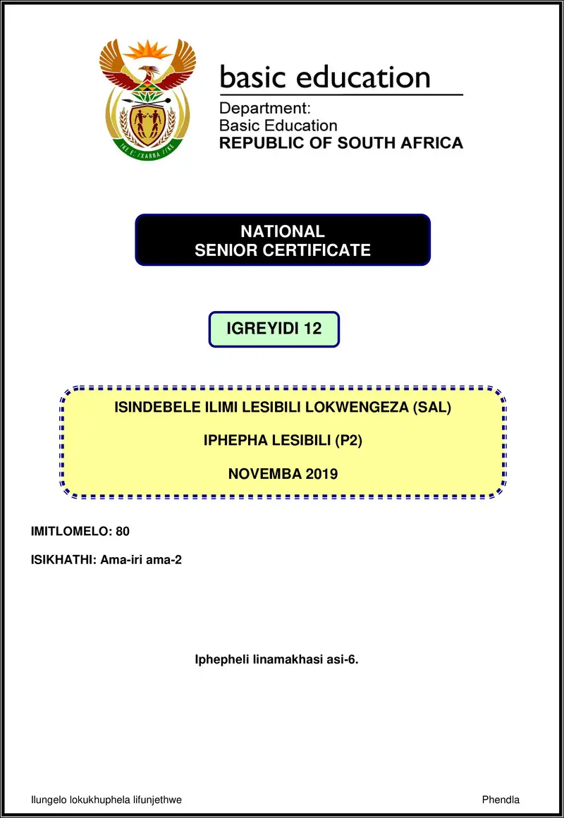 Grade 12 isiNdebele past paper 2019 – isindebele sal p2 nov 2019 gr12