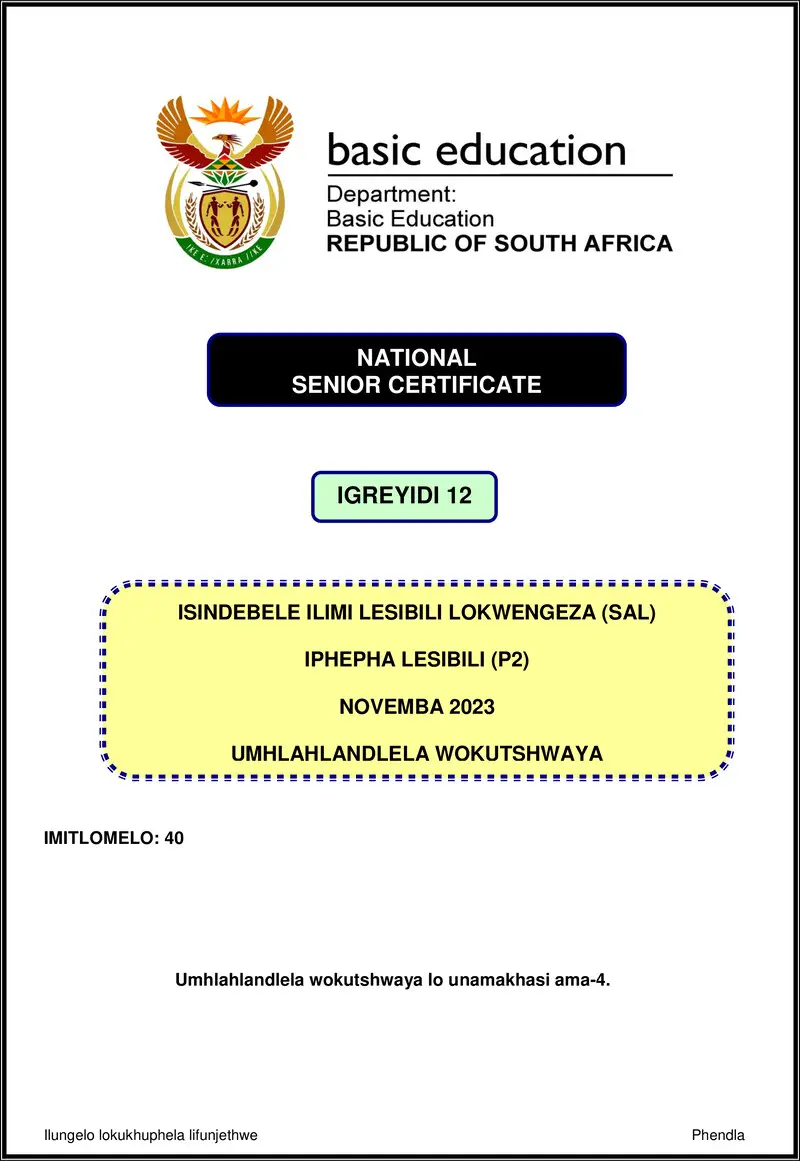 Grade 12 isiNdebele past paper 2023 – isindebele sal p2 nov 2023 mg gr12