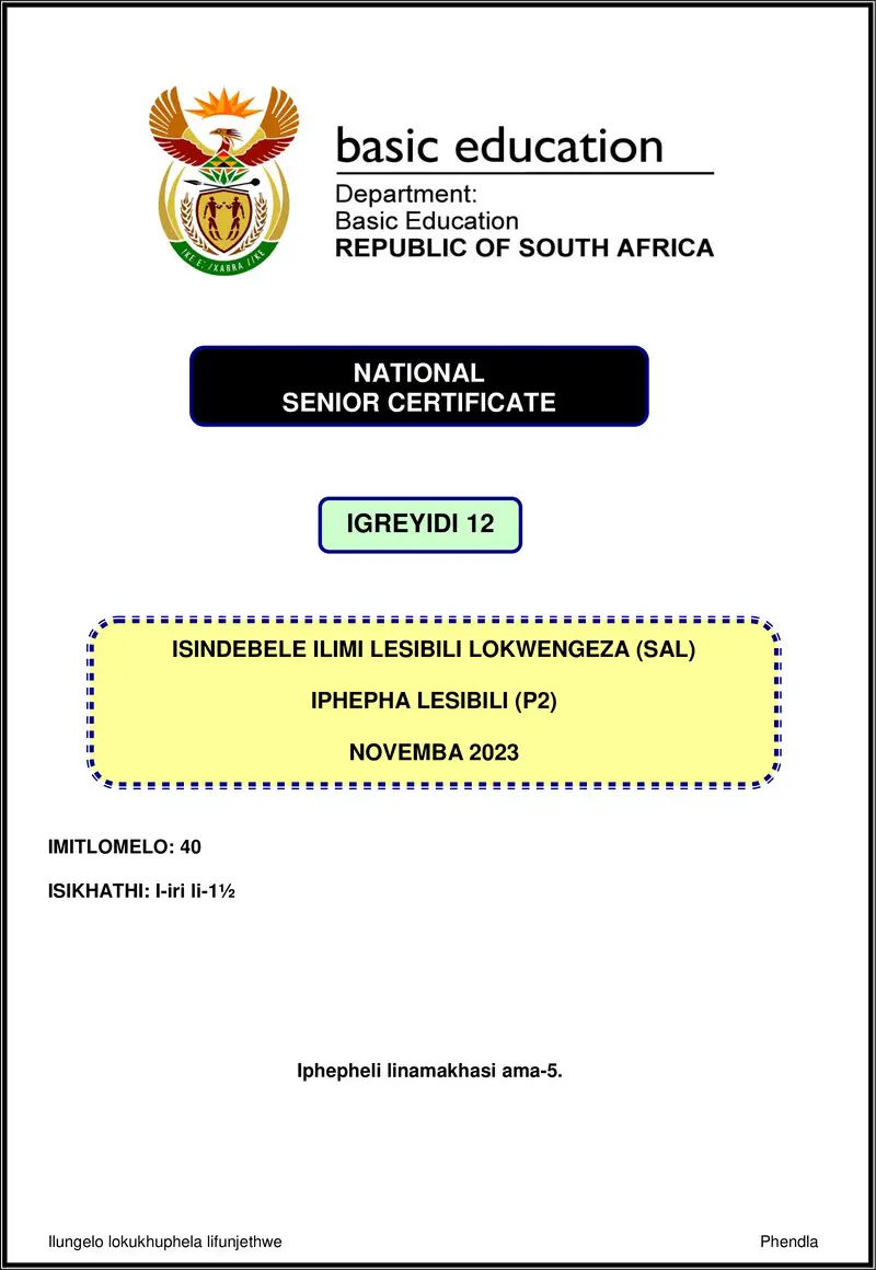 Grade 12 isiNdebele past paper 2023 – isindebele sal p2 nov 2023 gr12