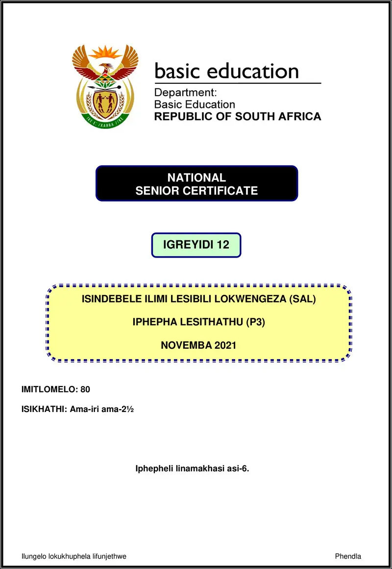 Grade 12 isiNdebele past paper 2021 – isindebele sal p3 nov 2021 gr12