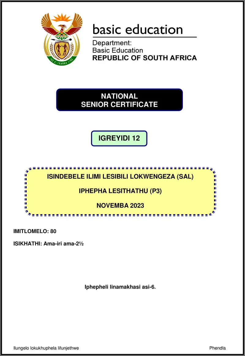 Grade 12 isiNdebele past paper 2023 – isindebele sal p3 nov 2023 gr12