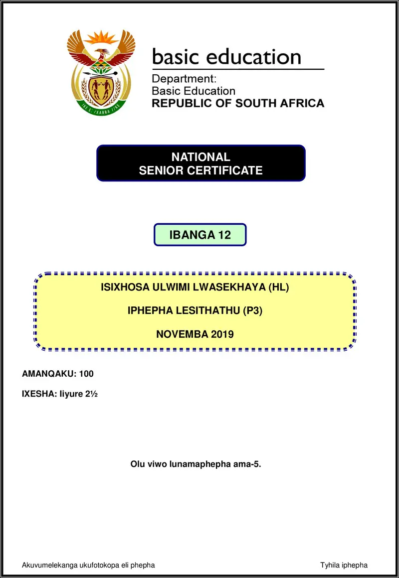 Grade 12 isiXhosa past paper 2019 – isixhosa hl p3 nov 2019 gr12