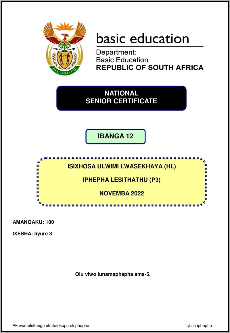 Grade 12 isiXhosa past paper 2022 – isixhosa hl p3 nov 2022 gr12