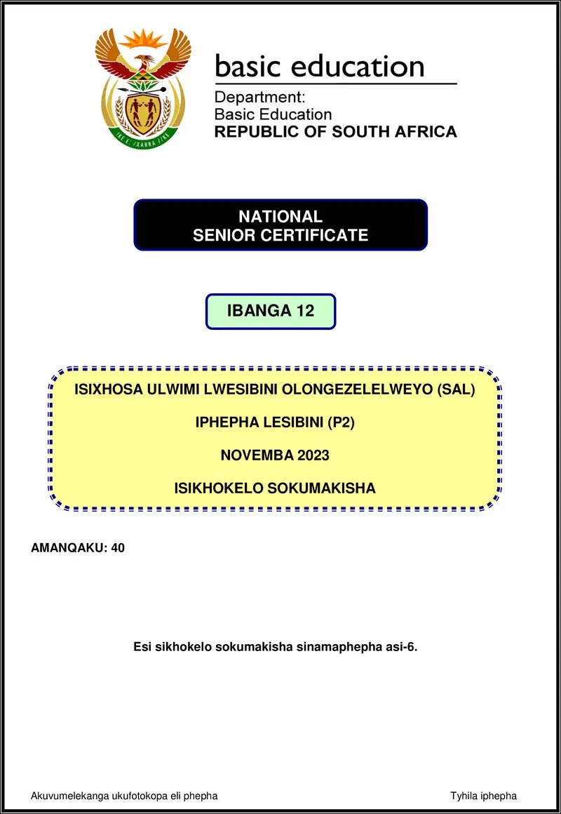 Grade 12 isiXhosa past paper 2023 – isixhosa sal p2 nov 2023 mg gr12