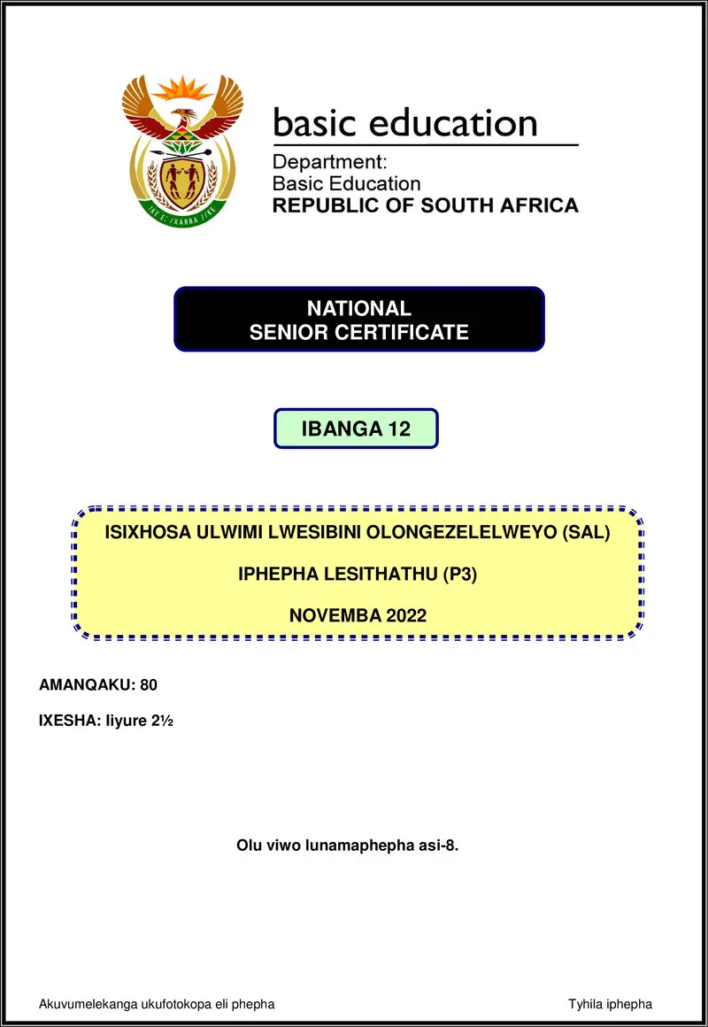 Grade 12 isiXhosa past paper 2022 – isixhosa sal p3 nov 2022 gr12