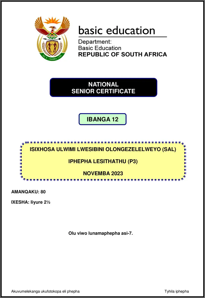 Grade 12 isiXhosa past paper 2023 – isixhosa sal p3 nov 2023 gr12