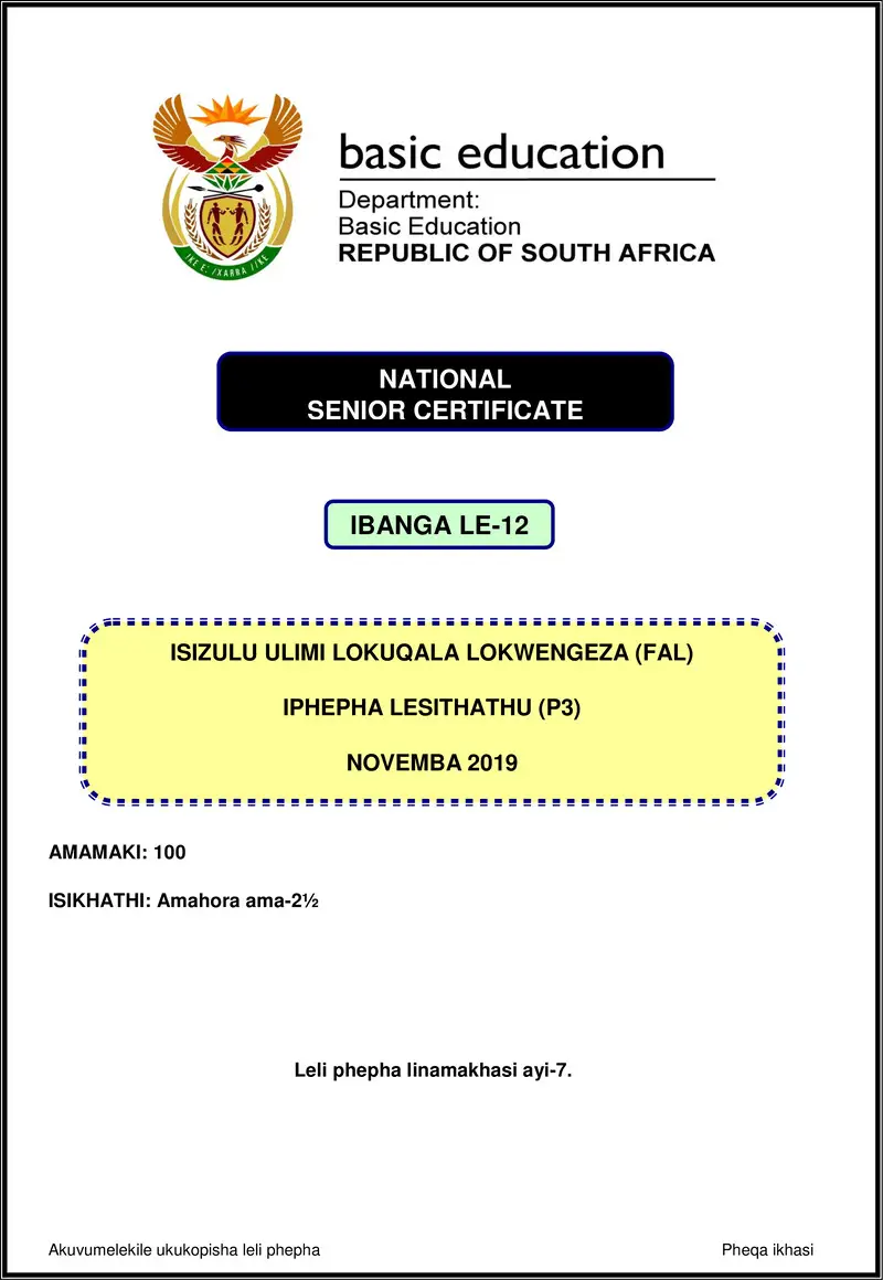 Grade 12 isiZulu past paper 2019 – isizulu fal p3 nov 2019 gr12