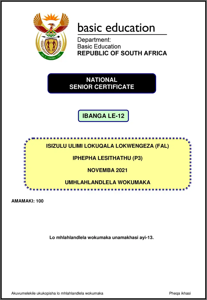 Grade 12 isiZulu past paper 2021 – isizulu fal p3 nov 2021 mg gr12