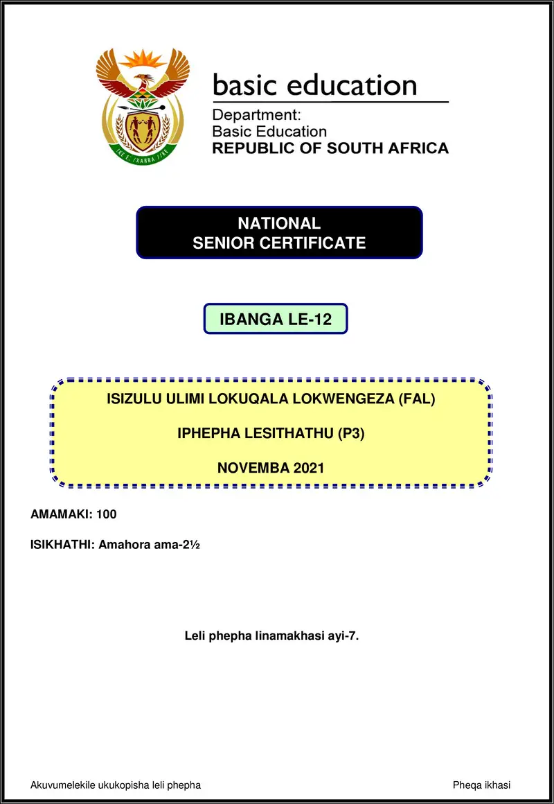 Grade 12 isiZulu past paper 2021 – isizulu fal p3 nov 2021 gr12
