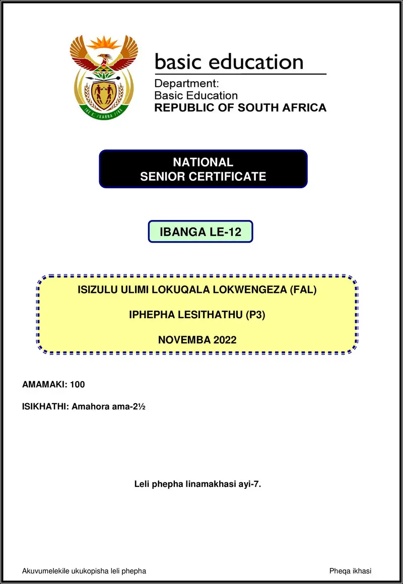 Grade 12 isiZulu past paper 2022 – isizulu fal p3 nov 2022 gr12