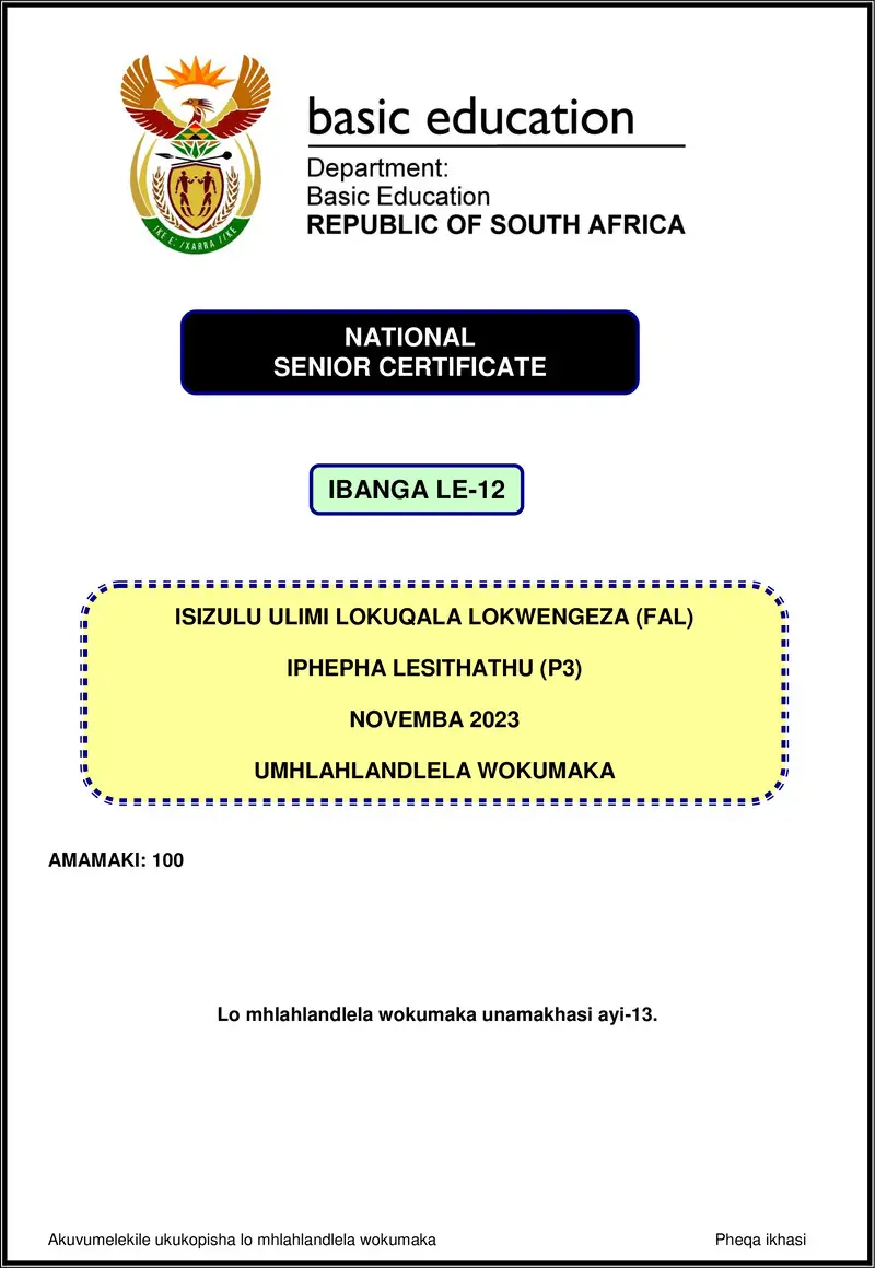 Grade 12 isiZulu past paper 2023 – isizulu fal p3 nov 2023 mg gr12