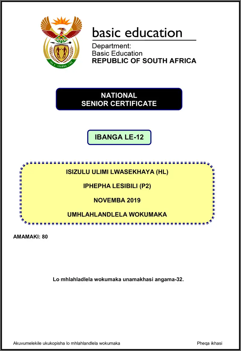Grade 12 isiZulu past paper 2019 – isizulu hl p2 nov 2019 memo gr12