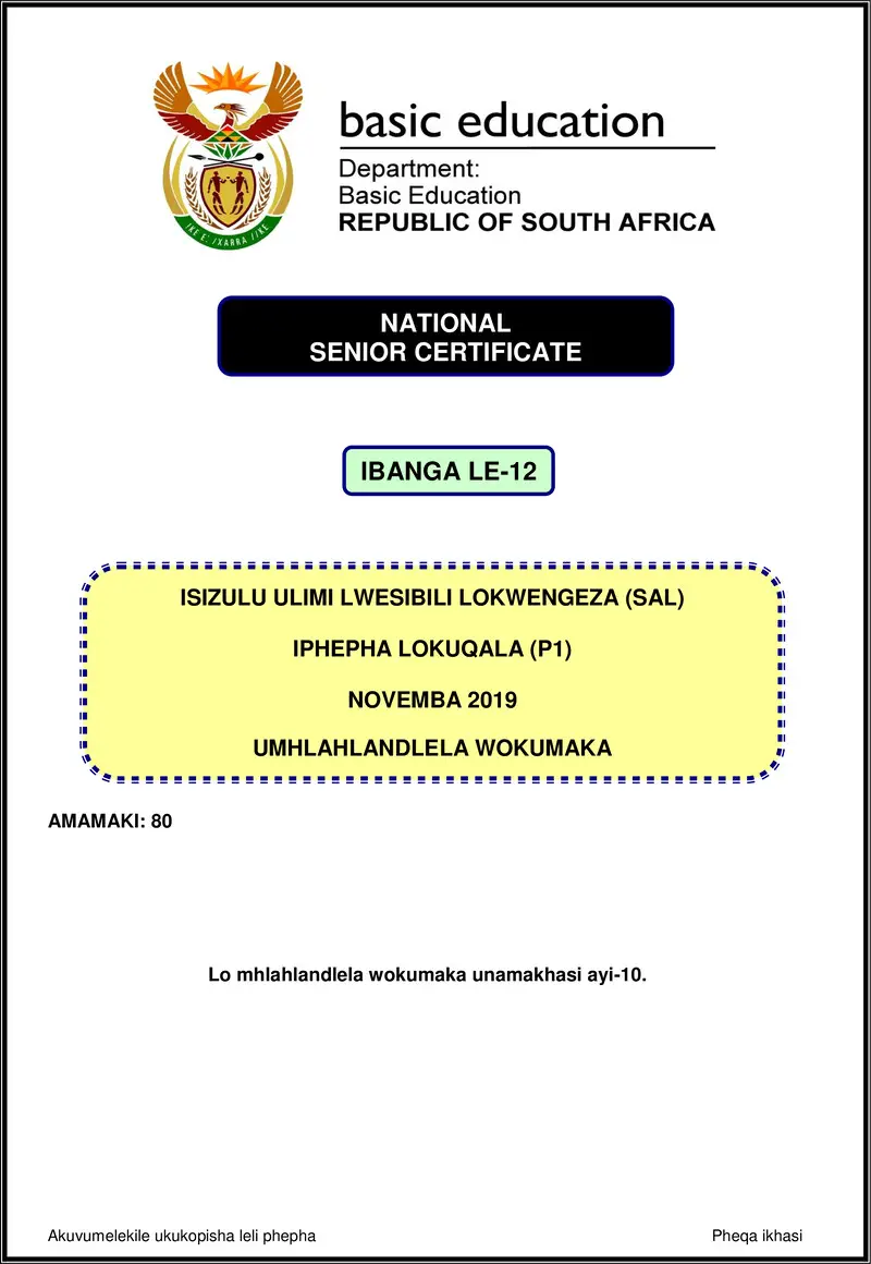 Grade 12 isiZulu past paper 2019 – isizulu sal p1 nov 2019 memo gr12