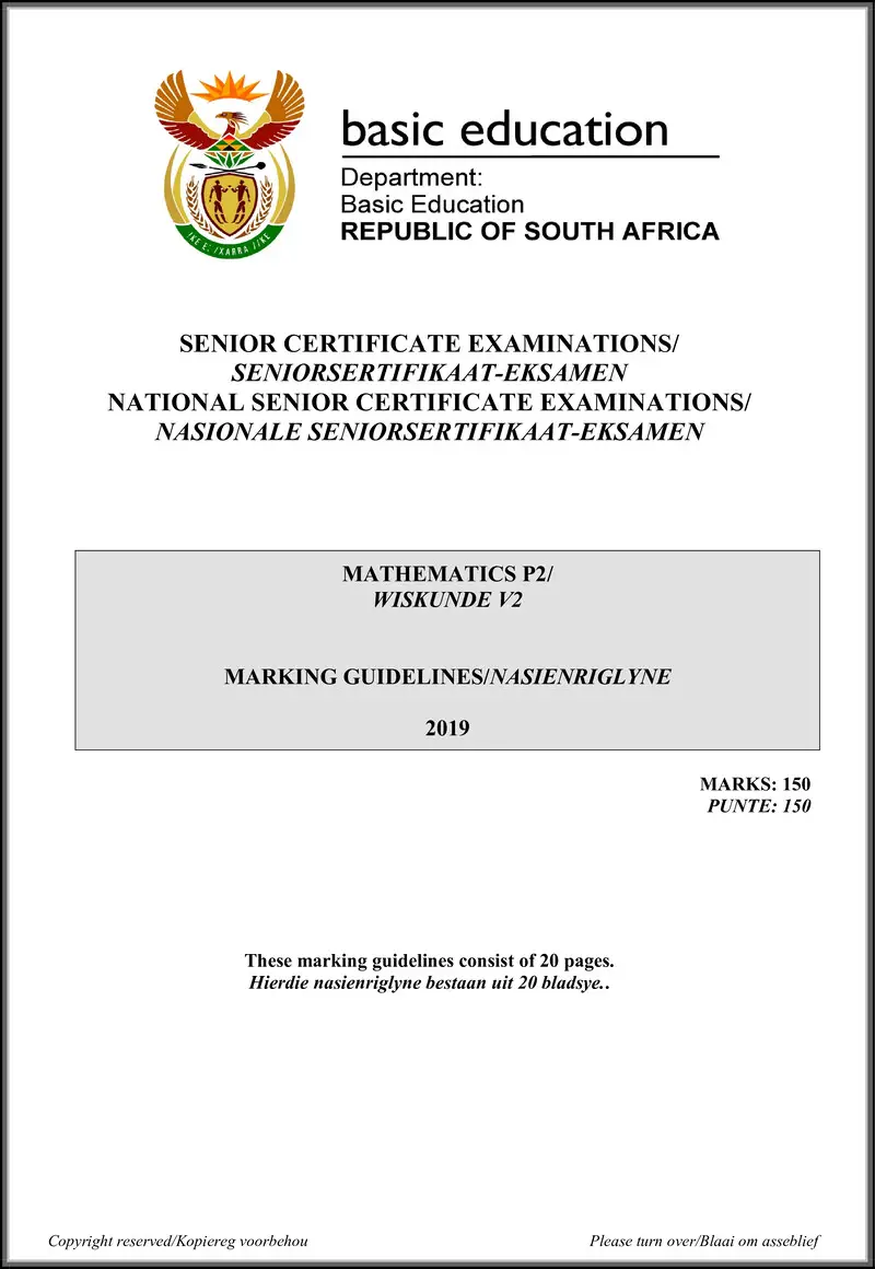 Grade 12 Mathematics past paper 2019 – mathematics p2 may june 2019 memo afr eng gr12