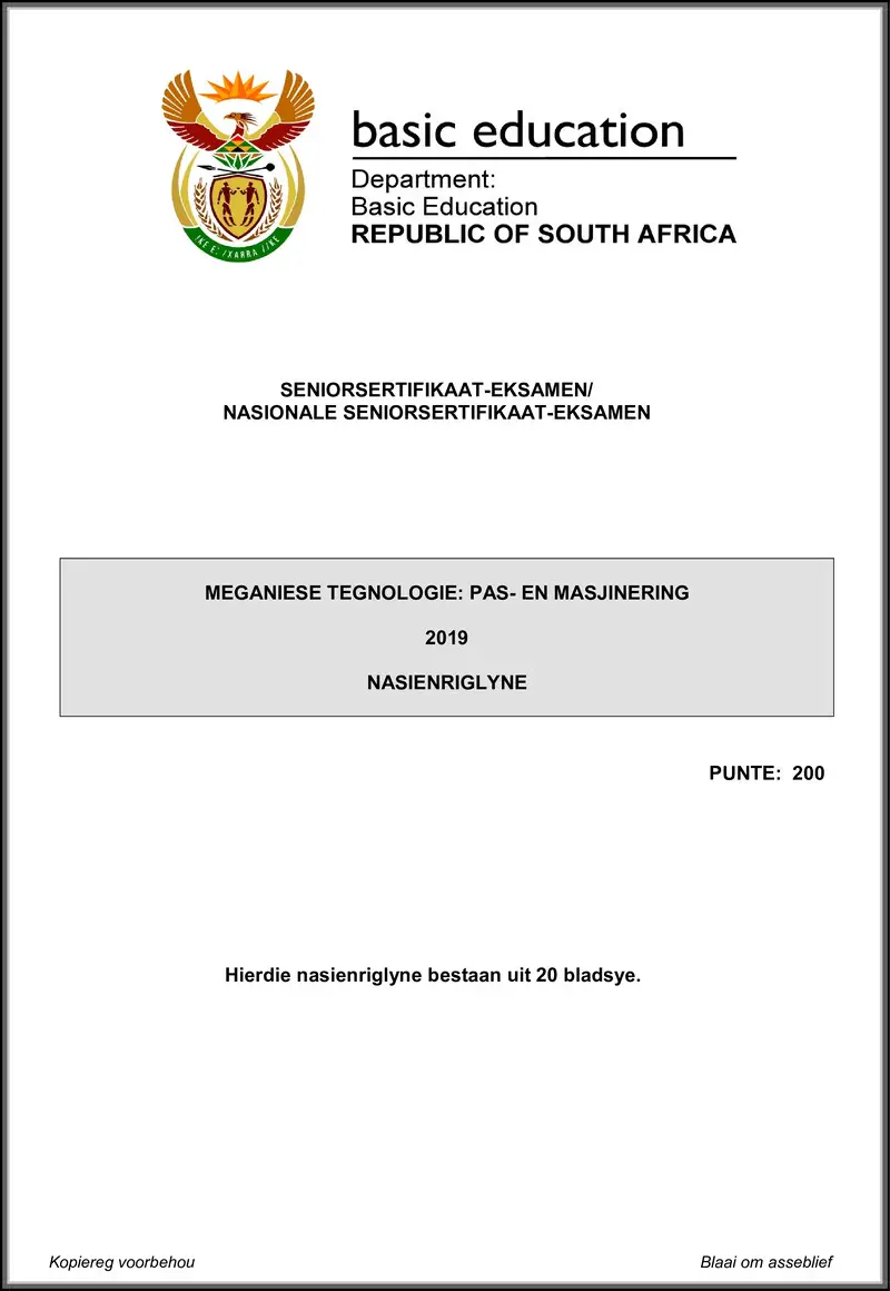 Grade 12 Mechanical Technology past paper 2019 – mechanical technology may june 2019 fitting machining memo afr gr12