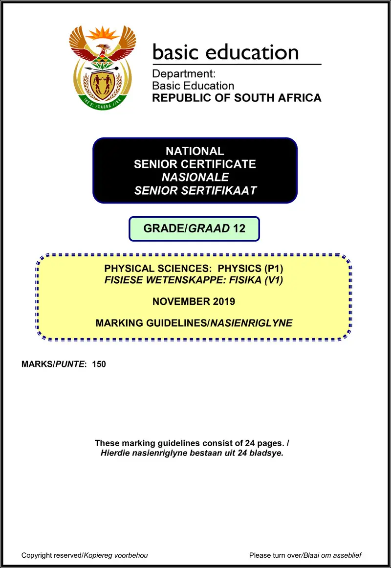 Grade 12 Physical Sciences past paper 2019 – physical sciences p1 nov 2019 memo afr eng gr12