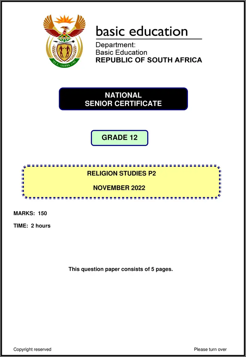 Grade 12 Religion Studies past paper 2022 – religion studies p2 nov 2022 eng gr12