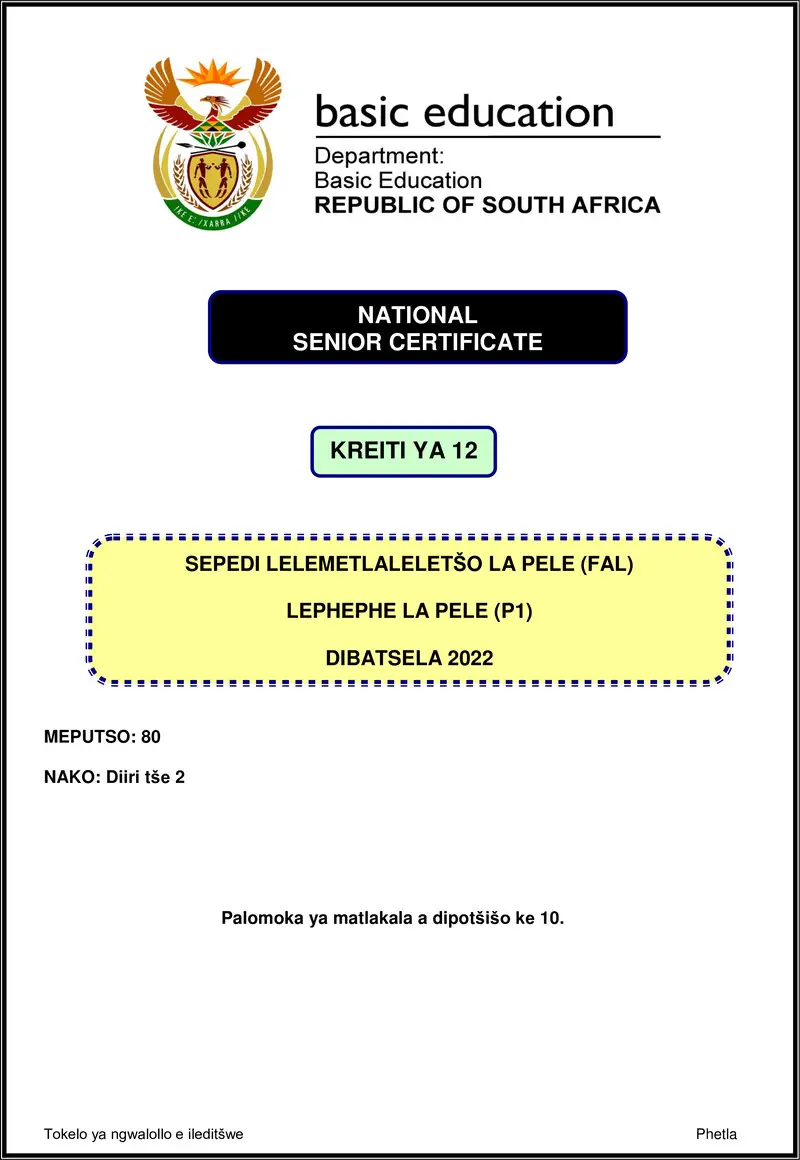 Grade 12 Sepedi past paper 2022 – sepedi fal p1 nov 2022 gr12