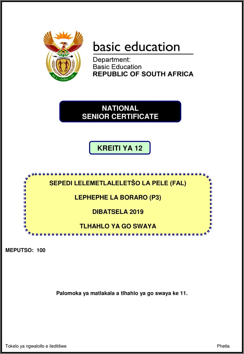 Grade 12 Sepedi past paper 2019 – sepedi fal p3 nov 2019 memo gr12
