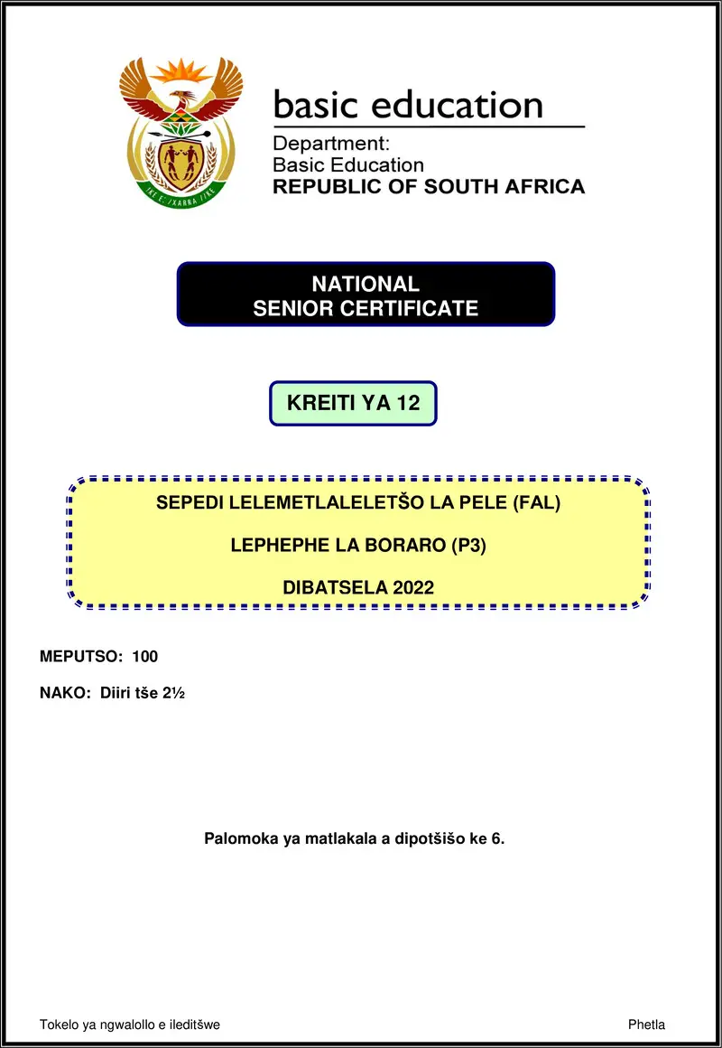 Grade 12 Sepedi past paper 2022 – sepedi fal p3 nov 2022 gr12