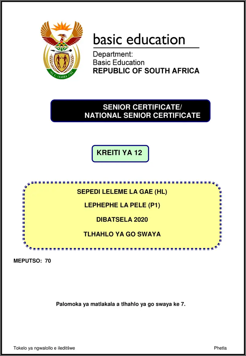 Grade 12 Sepedi past paper 2020 – sepedi hl p1 nov 2020 memo gr12