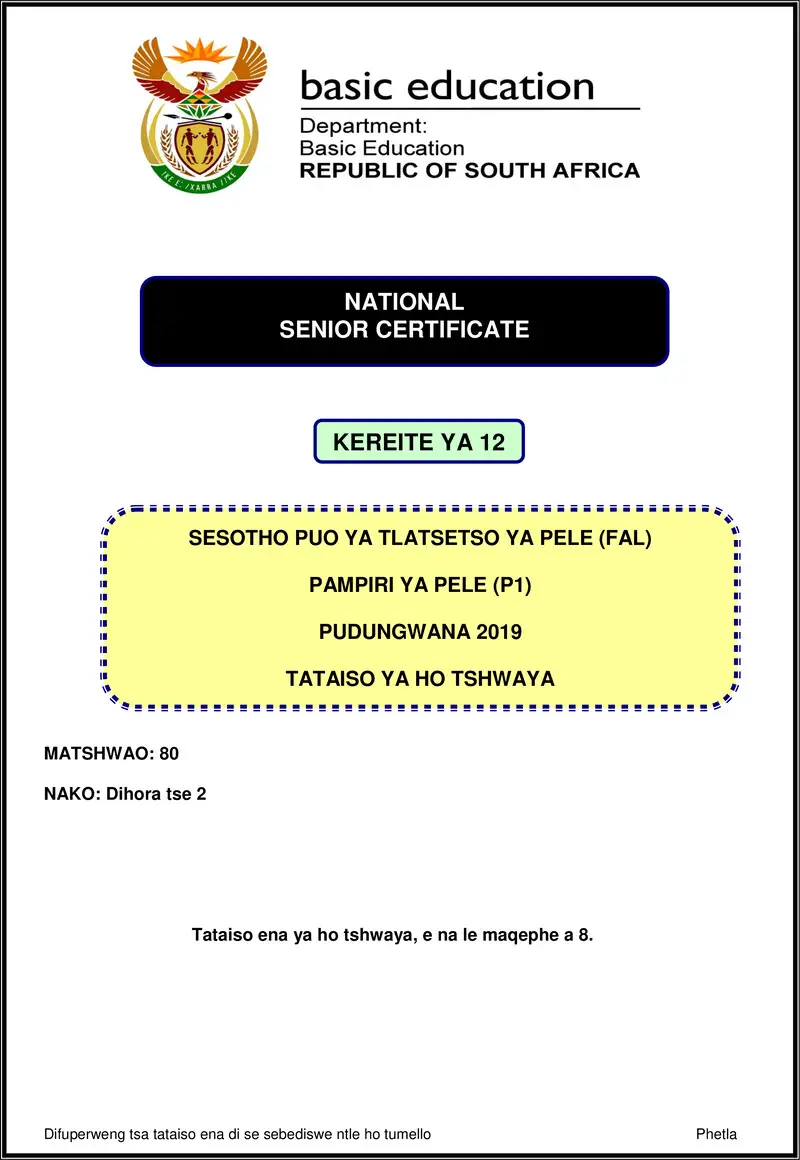 Grade 12 Sesotho past paper 2019 – sesotho fal p1 nov 2019 memo gr12