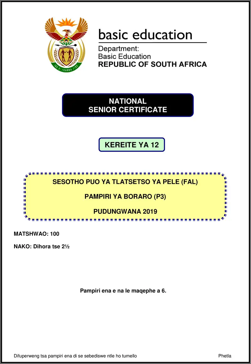 Grade 12 Sesotho past paper 2019 – sesotho fal p3 nov 2019 gr12