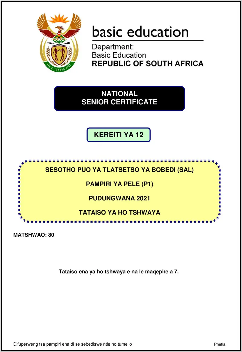 Grade 12 Sesotho past paper 2021 – sesotho sal p1 nov 2021 mg gr12