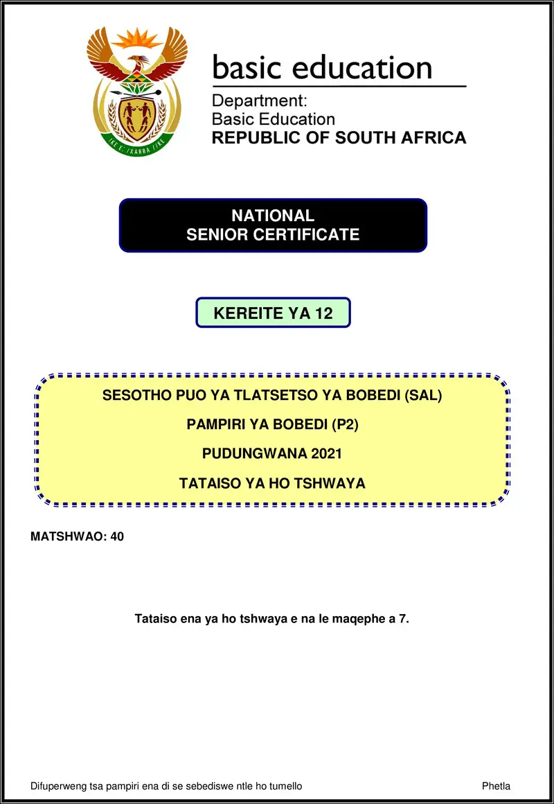 Grade 12 Sesotho past paper 2021 – sesotho sal p2 nov 2021 mg gr12