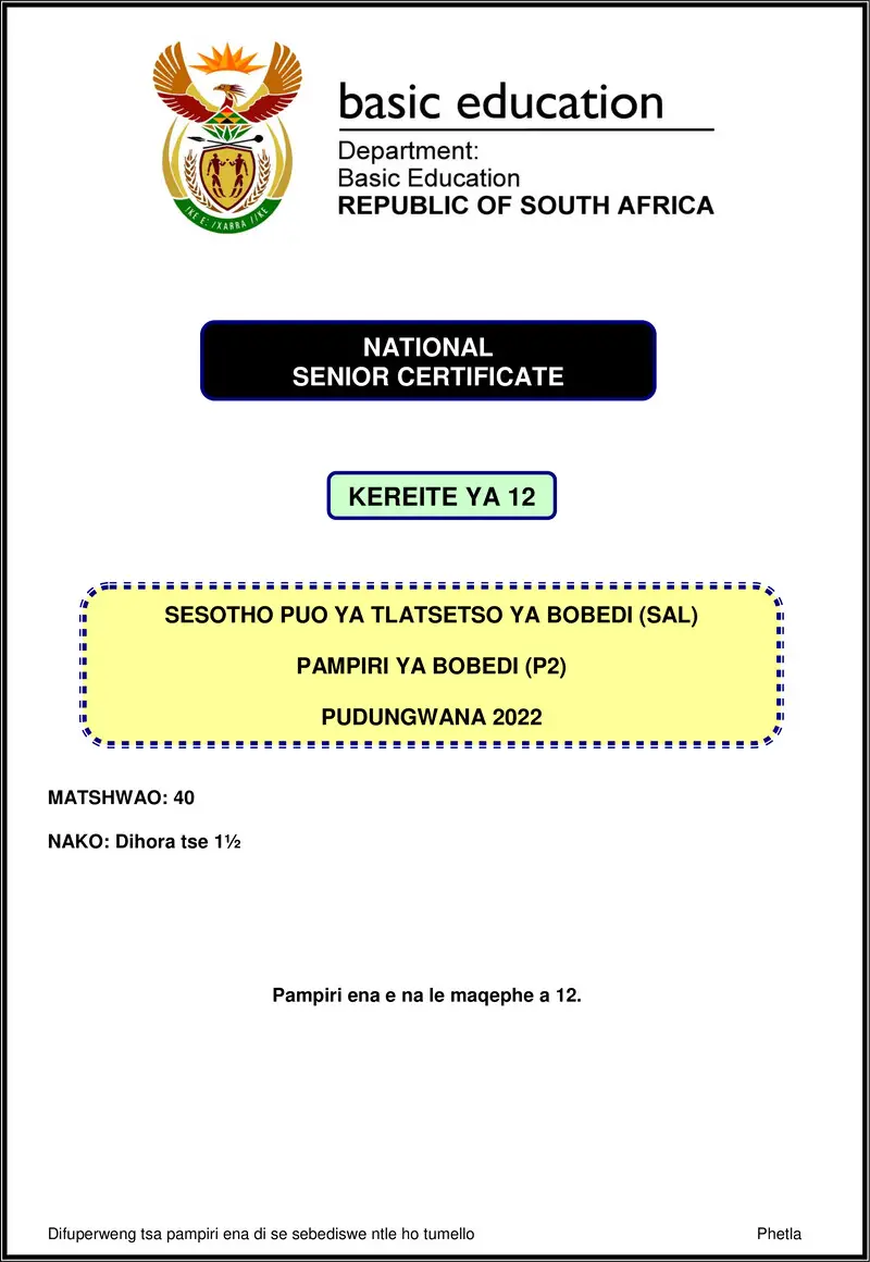 Grade 12 Sesotho past paper 2022 – sesotho sal p2 nov 2022 gr12