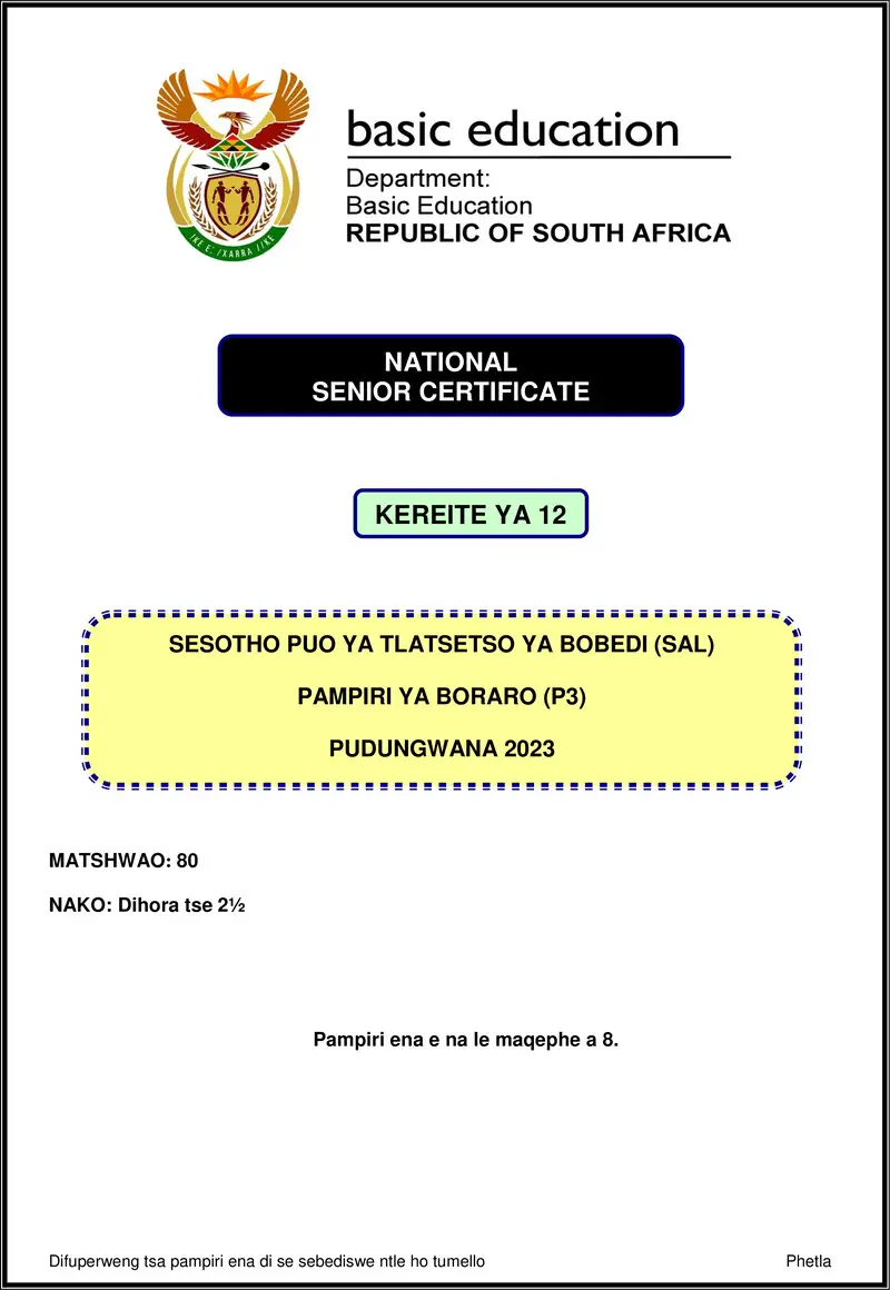 Grade 12 Sesotho past paper 2023 – sesotho sal p3 nov 2023 gr12