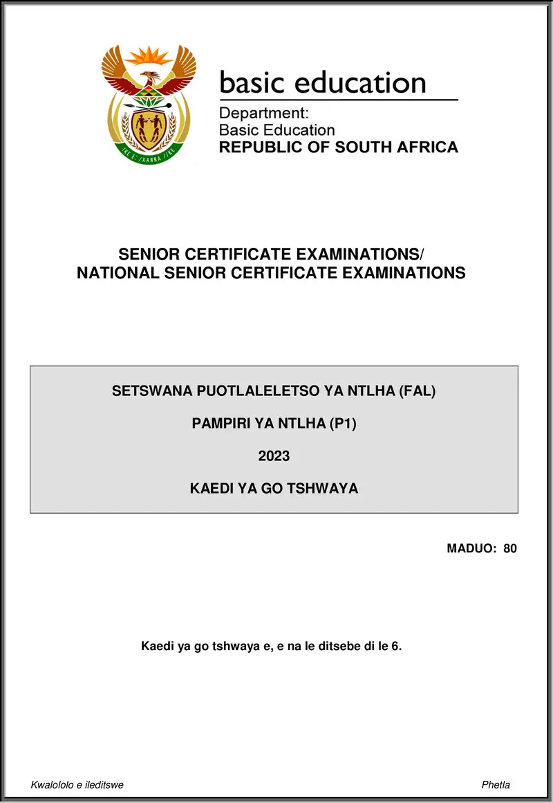 Grade 12 Setswana past paper 2023 – setswana fal p1 may june 2023 mg gr12