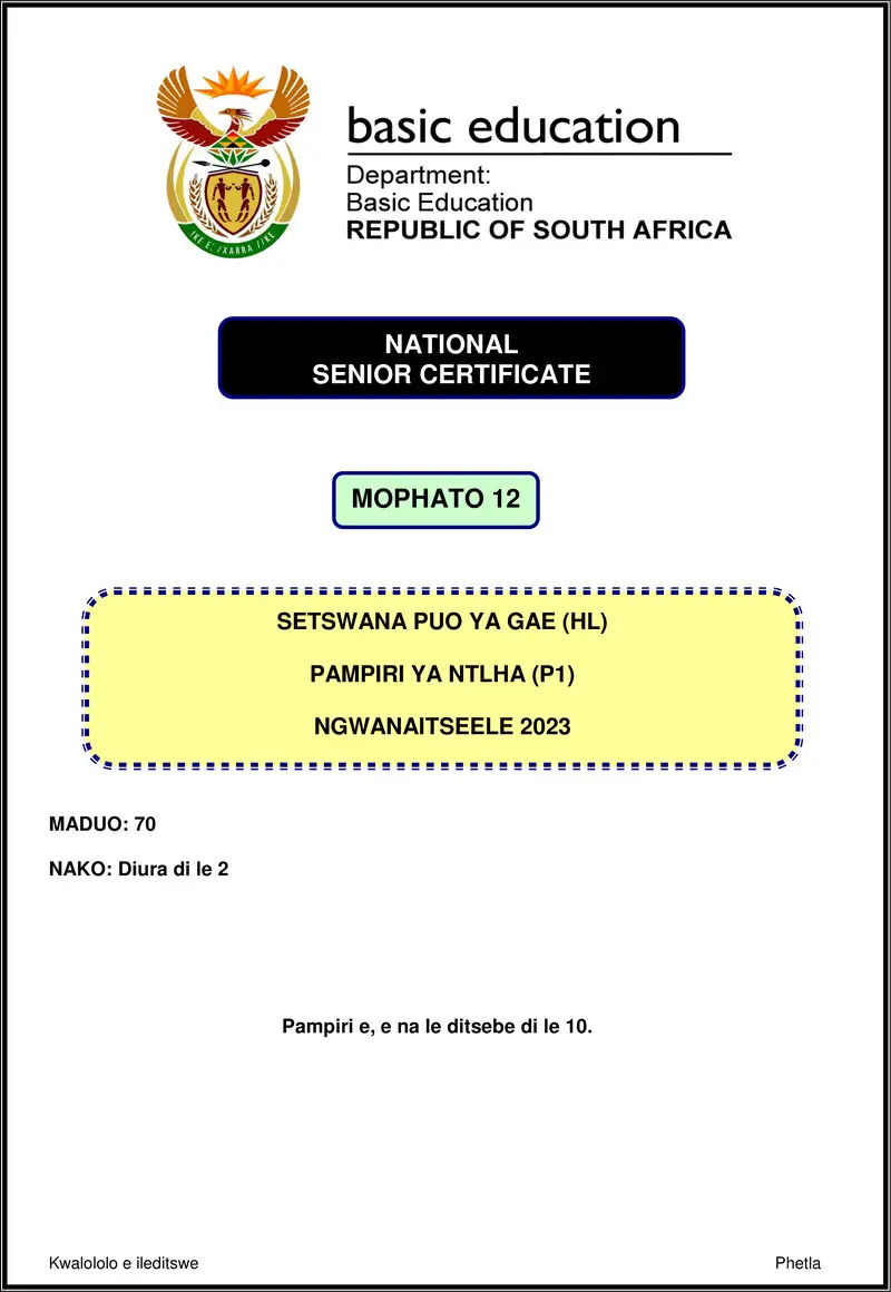 Grade 12 Setswana past paper 2023 – setswana hl p1 nov 2023 gr12